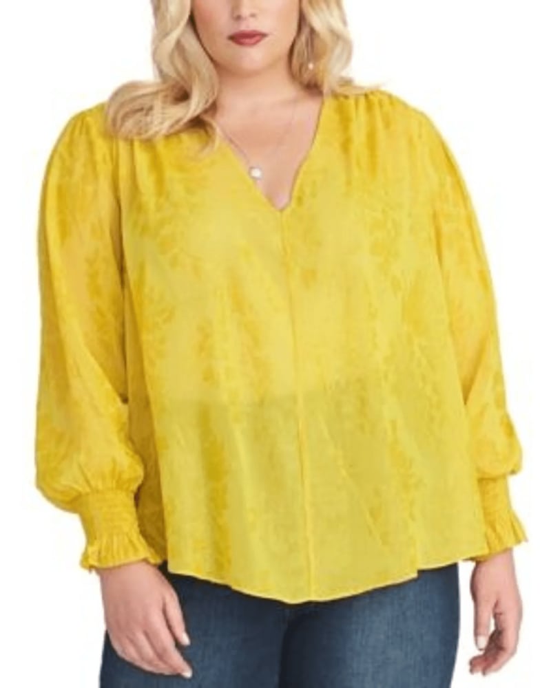 Front of a model wearing a size 0X Rachel Rachel Roy Women's Plus Size Lulu Blouse Yellow Size 0X in Yellow by Rachel Roy. | dia_product_style_image_id:311506